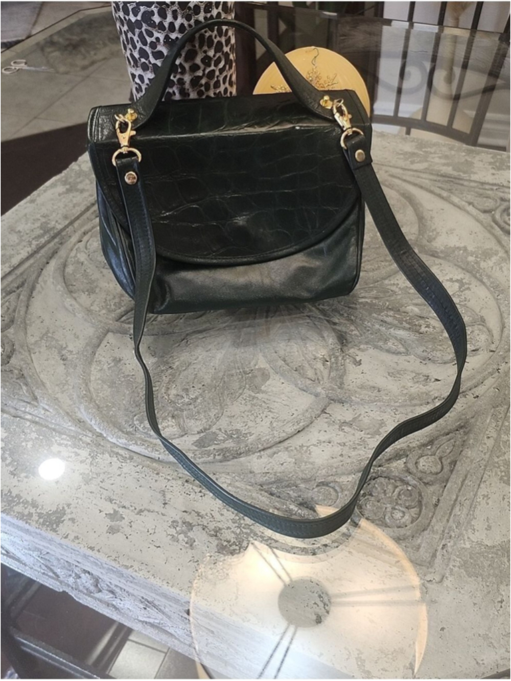 Deep Green 80ies Italian Green Embossed Leather Vintage Shoulder Bag